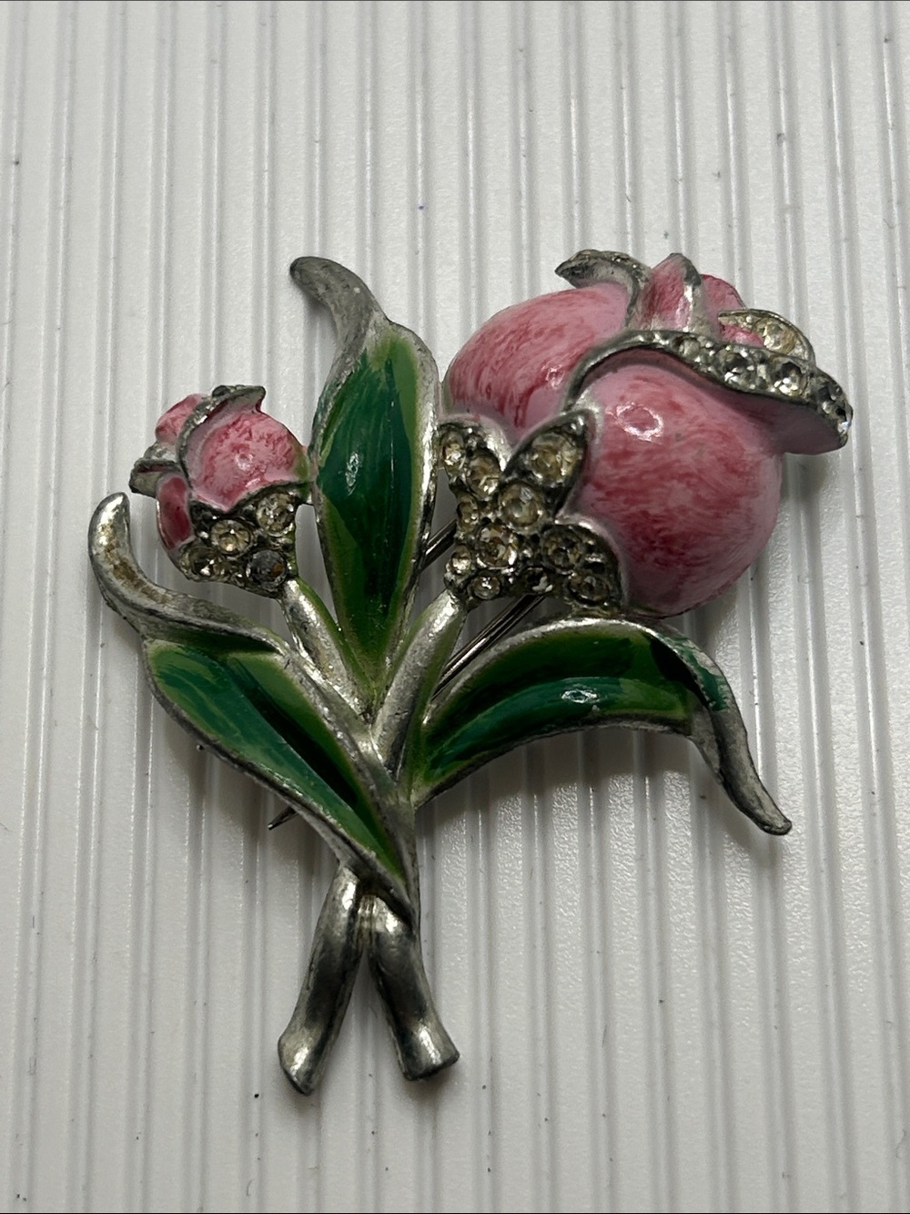 Coro Pink Enamel Flower with Green Leaves and Rhinestones Fur Pin